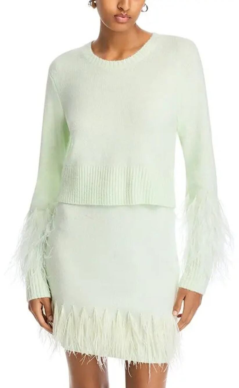 NWT Cinq a Sept Briana Feather Trim Crewneck Sweater Patina Green Size Small